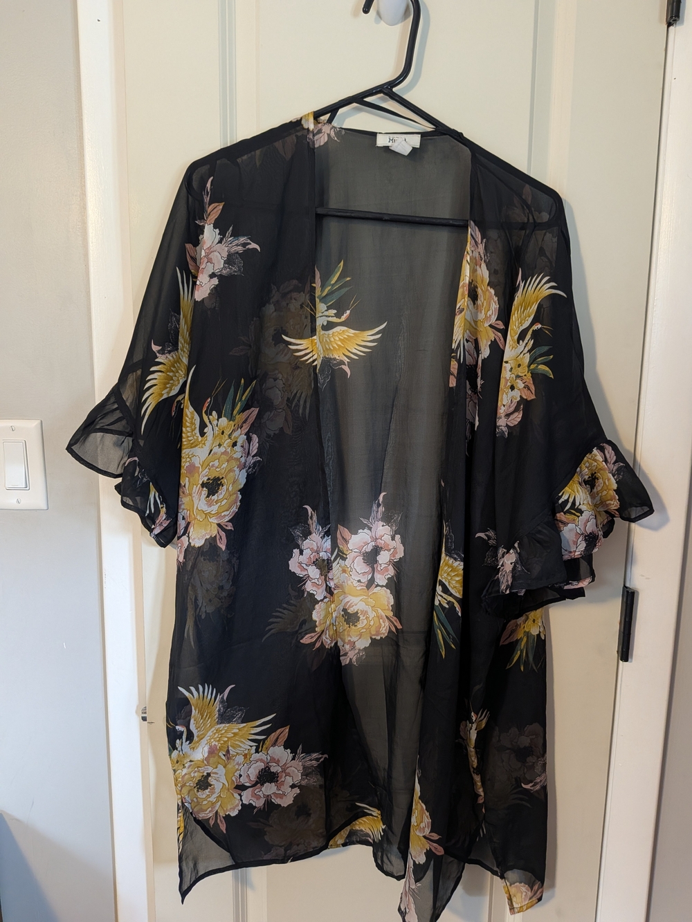 Mudd Black Sheer Floral Kimono with Yellow Accents